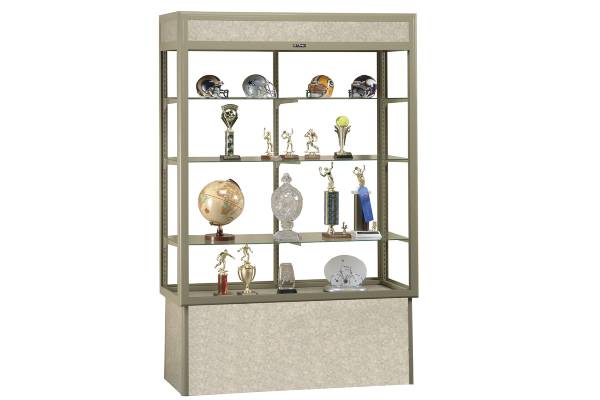 Contemporary radius face design features large, unobstructed view. Base is 18” high. 3/16” tempered sliding glass doors with lock and three adjustable glass shelves. Concealed lighting