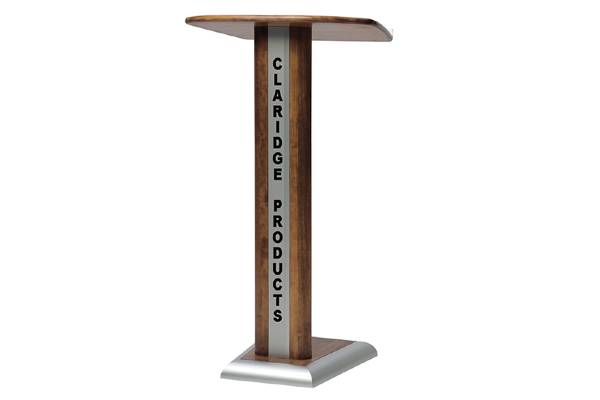 A combination of wood and satin anodize aluminum gives this lectern a distinctive look. 348 is 47” (H), 24” (W) and 16-3/4” (D). Extra wide base for added stability. Casters furnished for easy mobility